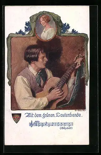 Künstler-AK Deutscher Schulverein Nr. 696: Mit dem grünen Lautenbande, junger Mann spielt die Laute
