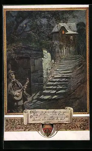 Künstler-AK Deutscher Schulverein Nr. 445: Lautenspieler auf dem Weg zum Haus, Lied Leise flehen meine Lieder