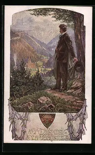 Künstler-AK Deutscher Schulverein Nr. 1044: Wanderer blickt ins Tal, Täler und Höhen