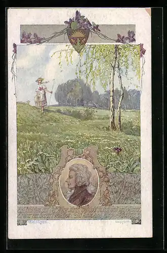 Künstler-AK Deutscher Schulverein Nr. 848: Schafhirtin auf der Weide, Männerportrait