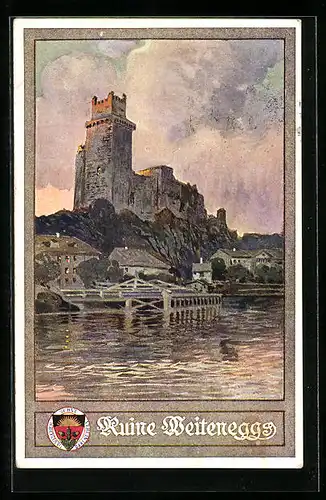 Künstler-AK Deutscher Schulverein Nr. 134: Ruine Weitenegg, Ansicht vom Ufer der Donau aus