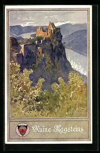 Künstler-AK Deutscher Schulverein Nr. 136: Blick auf die Burgruine Aggstein und die Donau im Tal