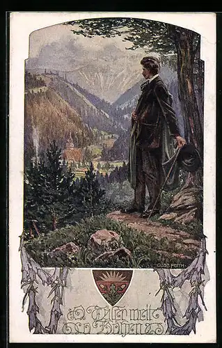 Künstler-AK Deutscher Schulverein Nr. 1044: Täler weit und Höhen, Wanderer blickt ins Tal