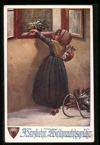 Künstler-AK Deutscher Schulverein Nr. 1106: Mädchen legt Nadelzweige auf das Fensterbrett, Weihnachtsgrüsse