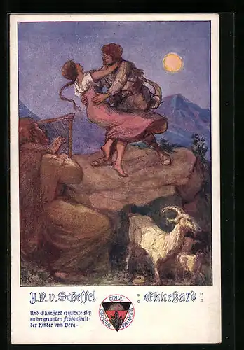 Künstler-AK Deutscher Schulverein Nr. 494: J.V. Scheffel, Ekkehard, Pärchen tanzt auf einem Stein, Mann mit Harfe