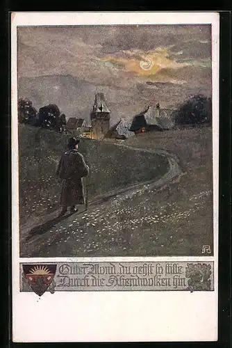 Künstler-AK Deutscher Schulverein Nr. 1075: Wanderer auf dem Weg in den Ort bei Mondlicht