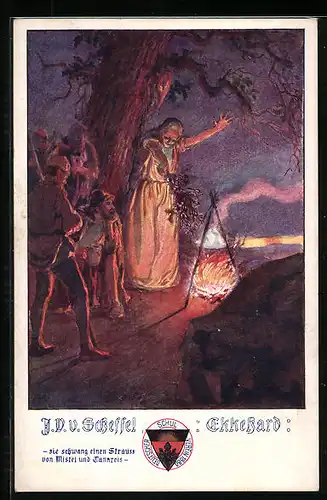 Künstler-AK Deutscher Schulverein Nr. 491: J.V. Scheffel, Ekkehard, sie schwang einen Strauss von Mistel und Tannreis