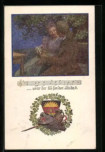 Künstler-AK Deutscher Schulverein Nr. 1068: Pärchen gemeinsam unter der blühenden Linde, Wandersachen, Lied