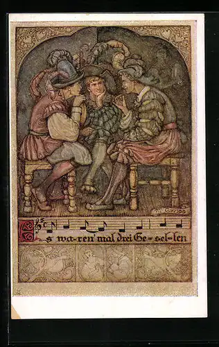 Künstler-AK Deutscher Schulverein Nr. 1254: Lied Es waren mal drei Gesellen, in Trachten