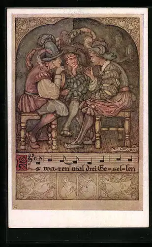 Künstler-AK Deutscher Schulverein Nr. 1254: Lied Es waren mal drei Gesellen, Drei Herren in Trachten im Gespräch