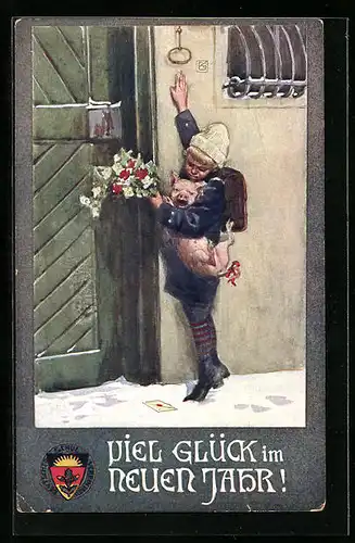 Künstler-AK Deutscher Schulverein Nr. 24: Neujahresgruss, Junge mit Glücksschwin und Blumen an der Eingangstür