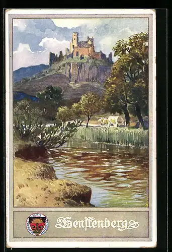 Künstler-AK Deutscher Schulverein Nr. 176: Senftenberg, am Flussufer mit Blick zur Burg