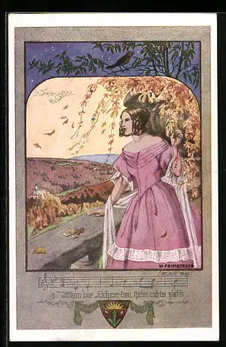 Künstler-AK Deutscher Schulverein Nr. 1026:Lied Wenn die Schwalben heimwärts ziehen, Frau blickt ins Tal