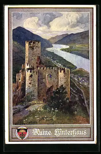Künstler-AK Deutscher Schulverein Nr. 135: Ruine Hinterhaus, Blick über die Burg auf die Donau im Tal