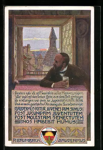 Künstler-AK Deutscher Schulverein Nr. 236: Mann mit Bierkrug vor dem Fenster, Blick auf die Stadt