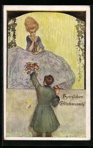 Künstler-AK Deutscher Schulverein Nr. 1219: Mann macht einer Frau den Hof, Glückwunsch mit Blumenstrauss