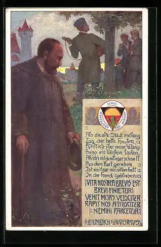 Künstler-AK Deutscher Schulverein Nr. 239: Mann in Mantel und Musiker über der Stadt