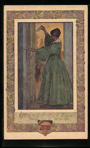 Künstler-AK Deutscher Schulverein Nr. 1067: Frau winkt dem jungen Mann zum Abschied, Liedzeile