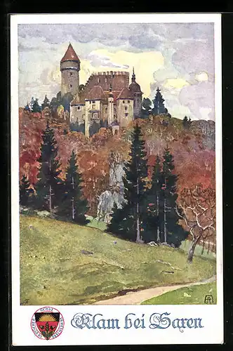 Künstler-AK Deutscher Schulverein Nr. 286: Klam bei Saren, Blick über den Wald zum Schloss