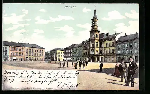 AK Oelsnitz i. V., Passanten auf dem Marktplatz