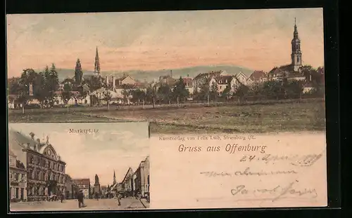 Künstler-AK Offenburg, Generalansicht der Stadt, auf dem Marktplatz