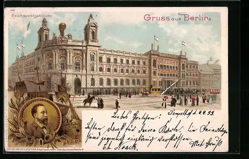 Lithographie Berlin, Passanten und Kutsche vor dem Reichspostgebäude