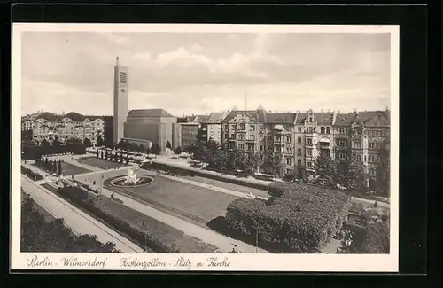 AK Berlin-Wilmersdorf, Blick auf die Kirche und den Hohenzollern-Platz