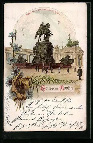 Lithographie Berlin, vor dem Denkmal Kaiser Wilhelm der Grosse, Wappen