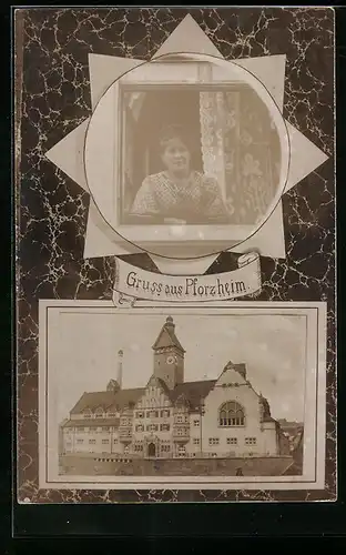 AK Pforzheim, vor dem alten Rathaus, Dame am Fenster