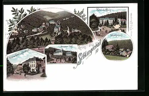 Lithographie Schlangenbad, Hotel de Paris, Hotel Nassauer Hof, Victoira-Hotel und Eltvillerstrasse
