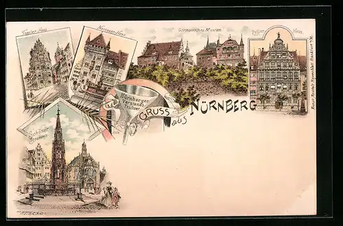 Lithographie Nürnberg, Germanisches Museum, Toppler-Haus, Nassauer-Haus