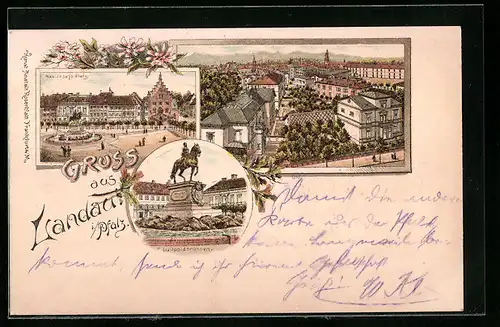 Lithographie Landau i. Pfalz, Ortspartie, Max-Josefs-Platz, Luitpoldbrunnen