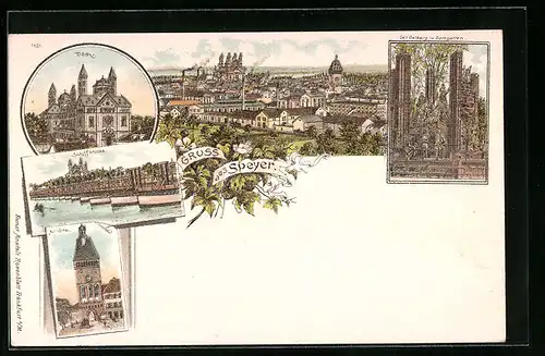 Lithographie Speyer, Dom, Schiffbrücke, Altpörtel