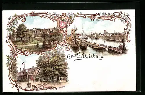 Lithographie Duisburg, Tonhalle, Monning, Hafen