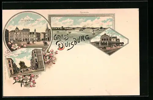 Lithographie Duisburg, Friedrich Wilhelm-Platz, Bahnhof, Rheinbrücke