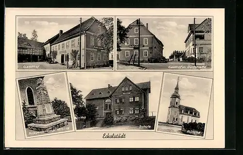 AK Eckolstädt, Gasthof mit Dorfstrasse, Schule, Kirche