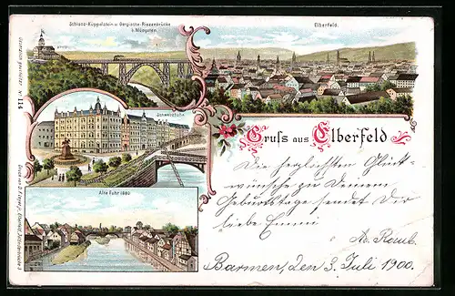 Lithographie Elberfeld, Schloss-Küppelstein und Bergische-Riesenbrücke b. Müngsten, Schwebebahn, Alte Fuhr 1880