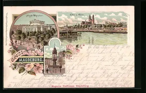 Lithographie Magdeburg, Stadt-Theater, Elbe und Dom, Kaiser Otto-Denkmal