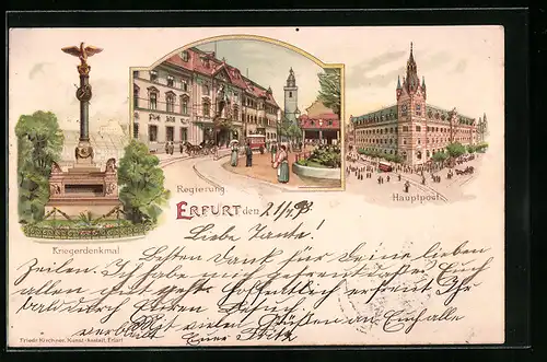 Lithographie Erfurt, Regierung, Hauptpost, Kriegerdenkmal