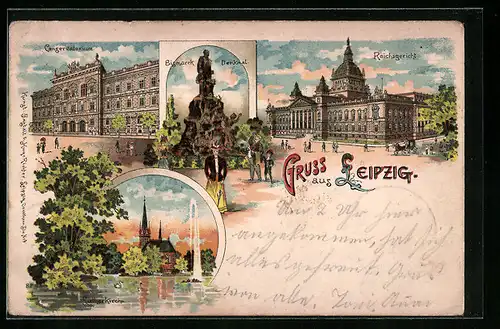 Lithographie Leipzig, Reichsgericht, Konservatorium, Bismarck-Denkmal