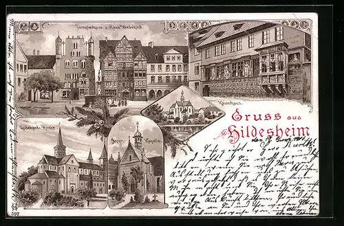 Lithographie Hildesheim, Templerhaus und Haus Wedekind, Kaiserhaus, Annen-Kapelle
