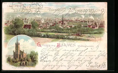 Lithographie Barmen-Wichlinghausen, Panorama Oberbarmen, Wichlinghauser Kirche