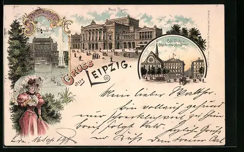 Lithographie Leipzig, Cafe Felsche und Eingang zur Grimmaischen Strasse, Neues Theater, Schwanenteich