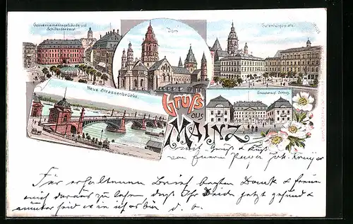 Lithographie Mainz, Gouvernementsgebäude und Schillerdenkmal, Dom, Neue Strassenbrücke