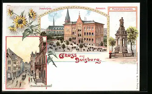 Lithographie Duisburg, Josephs-Kirche und Mittelschule, Mercator-Denkmal, Poststrasse und Reichspost