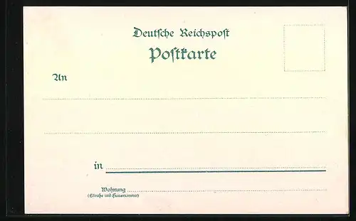 Lithographie Duisburg, Josephs-Kirche und Mittelschule, Mercator-Denkmal, Poststrasse und Reichspost