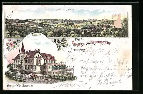 Lithographie Bredeney, Gasthaus Ruhrstein, Blick auf den Ort