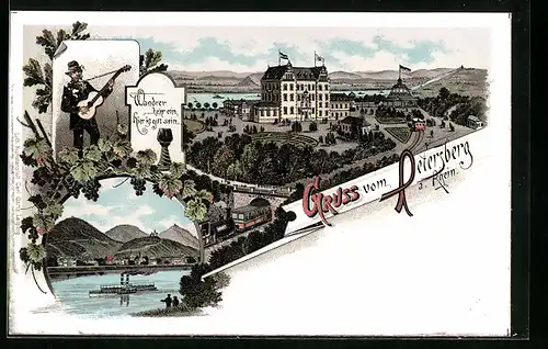 Lithographie Petersberg a. Rhein, Hotel mit Bahn, Uferpartie