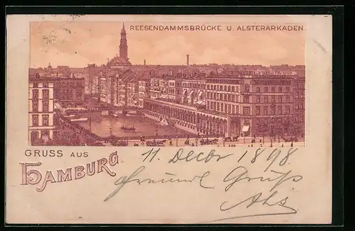 Lithographie Hamburg, Reesendammsbrücke und Alsterarkaden