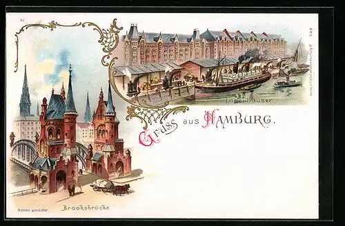 Lithographie Hamburg, Lagerhäuser, Brooksbrücke